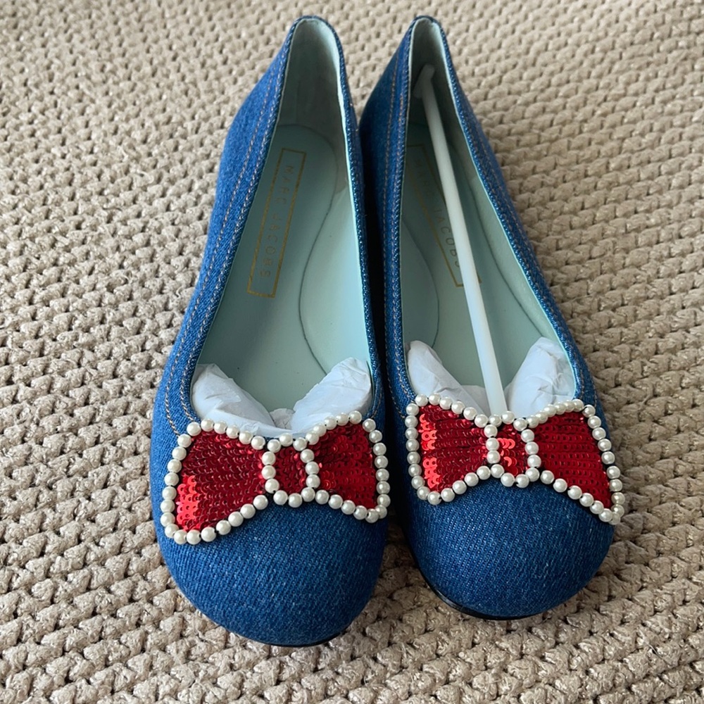 Marc Jacobs Denim Flats Red Bow Sz 5.5